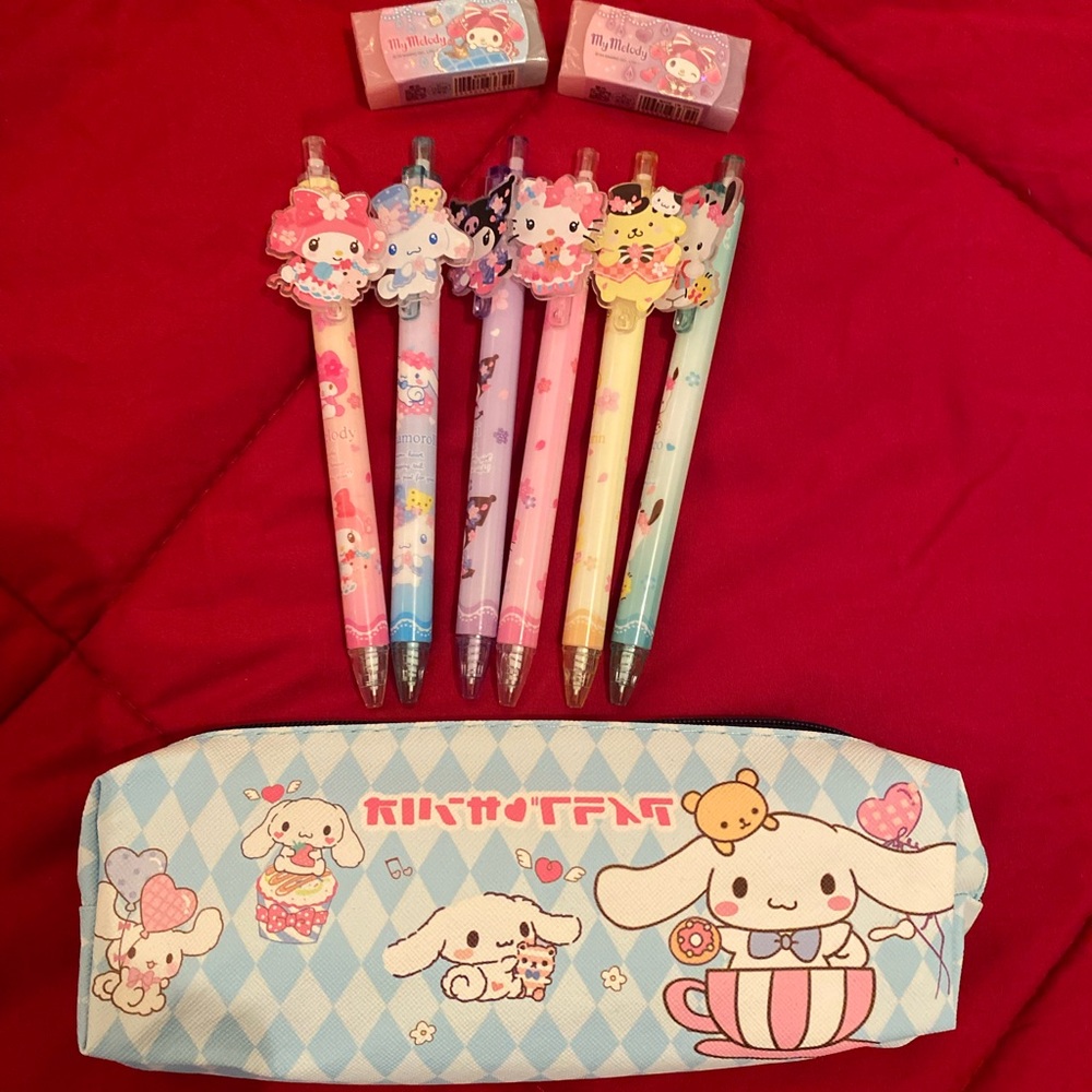 Sanrio pencil case 6 pens and 2 erasers bundle set